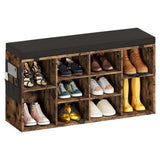 Scarpiera Garvee Bench con cuscino, 3 ripiani regolabili, 10 scomparti, legno robusto, rivestimento lavabile, marrone, 104 cm, per corridoio e camera da letto - Marrone