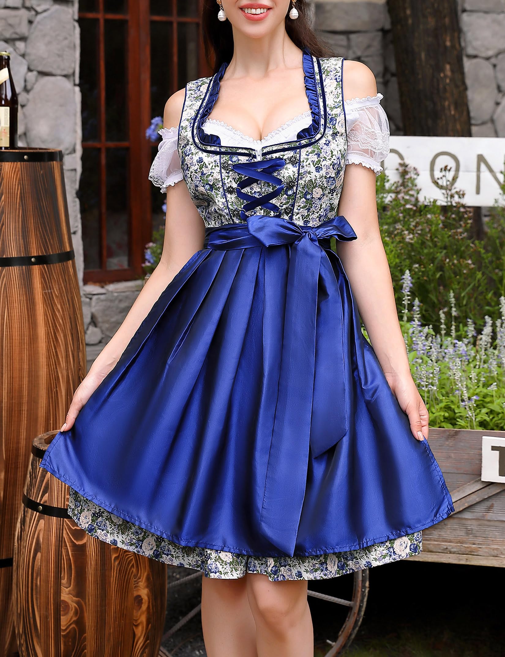 Garvee - Vestito tradizionale da donna Dirndl Midi, 3 pezzi, blu floreale, per il carnevale dell'Oktoberfest, taglia 36
