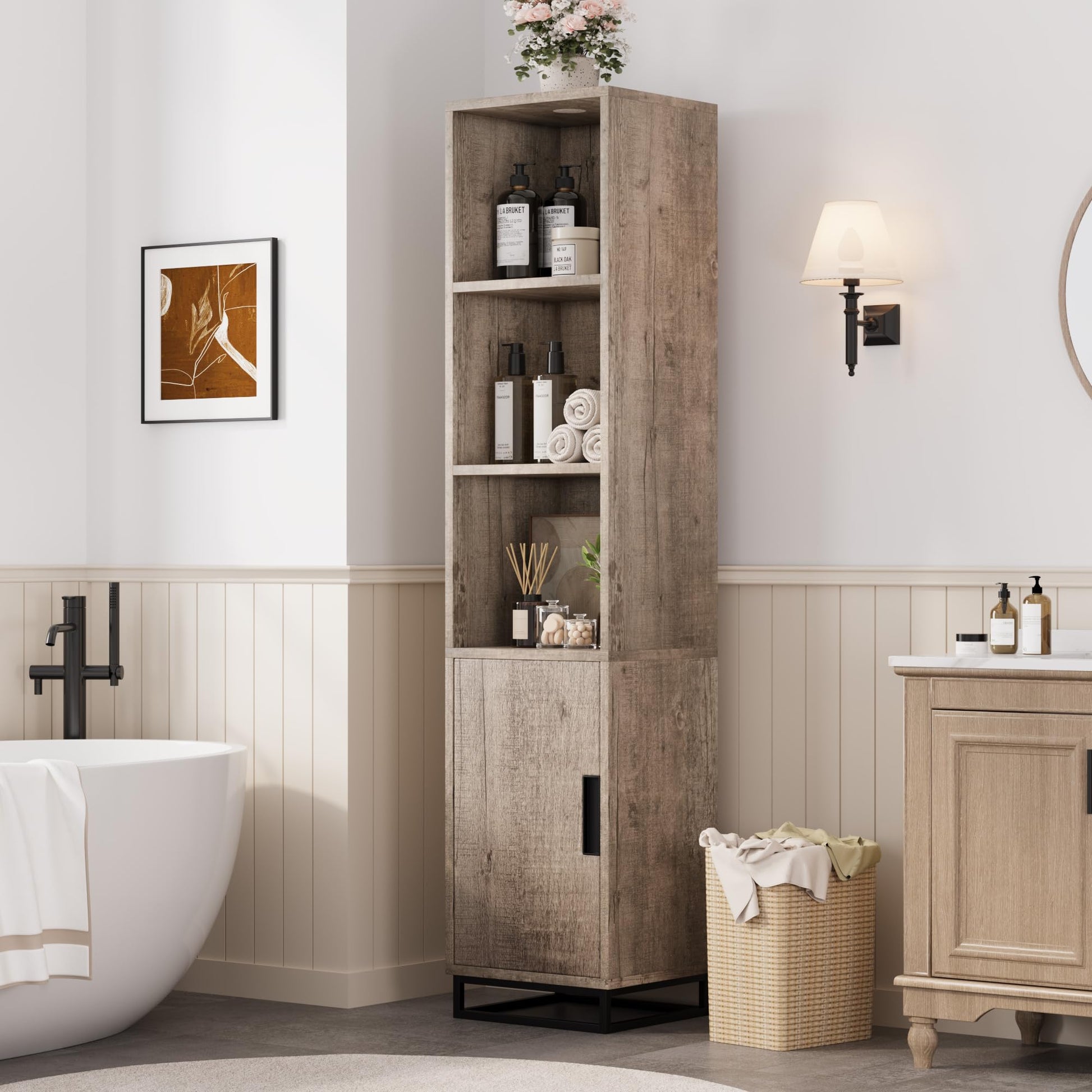 Mobiletto da bagno alto Garvee da 70" stretto con anta, ripiano regolabile, in legno, stile country moderno, nero, per cucina e soggiorno