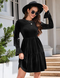Garvee - Elegante abito in velluto da donna, mini abito invernale con volant, scollo rotondo e maniche lunghe, nero, L