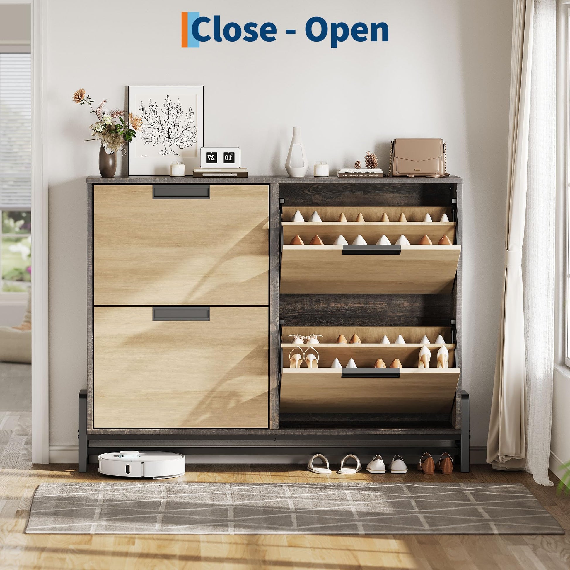 Scarpiera Garvee per corridoio con 4 scomparti a ribalta, gambe in metallo, regolabile, legno di quercia, stretta, indipendente, naturale