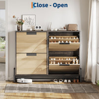 Scarpiera Garvee per corridoio con 4 scomparti a ribalta, gambe in metallo, regolabile, legno di quercia, stretta, indipendente, naturale