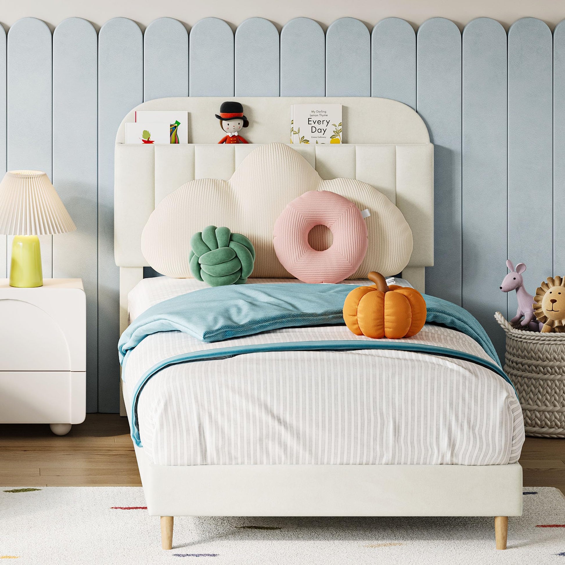 Struttura per letto singolo Garvee con rivestimento in velluto e testiera a libreria per cameretta dei bambini, bianco crema, gambe in acciaio robuste, silenzioso, facile da montare