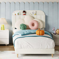 Struttura per letto singolo Garvee con rivestimento in velluto e testiera a libreria per cameretta dei bambini, bianco crema, gambe in acciaio robuste, silenzioso, facile da montare