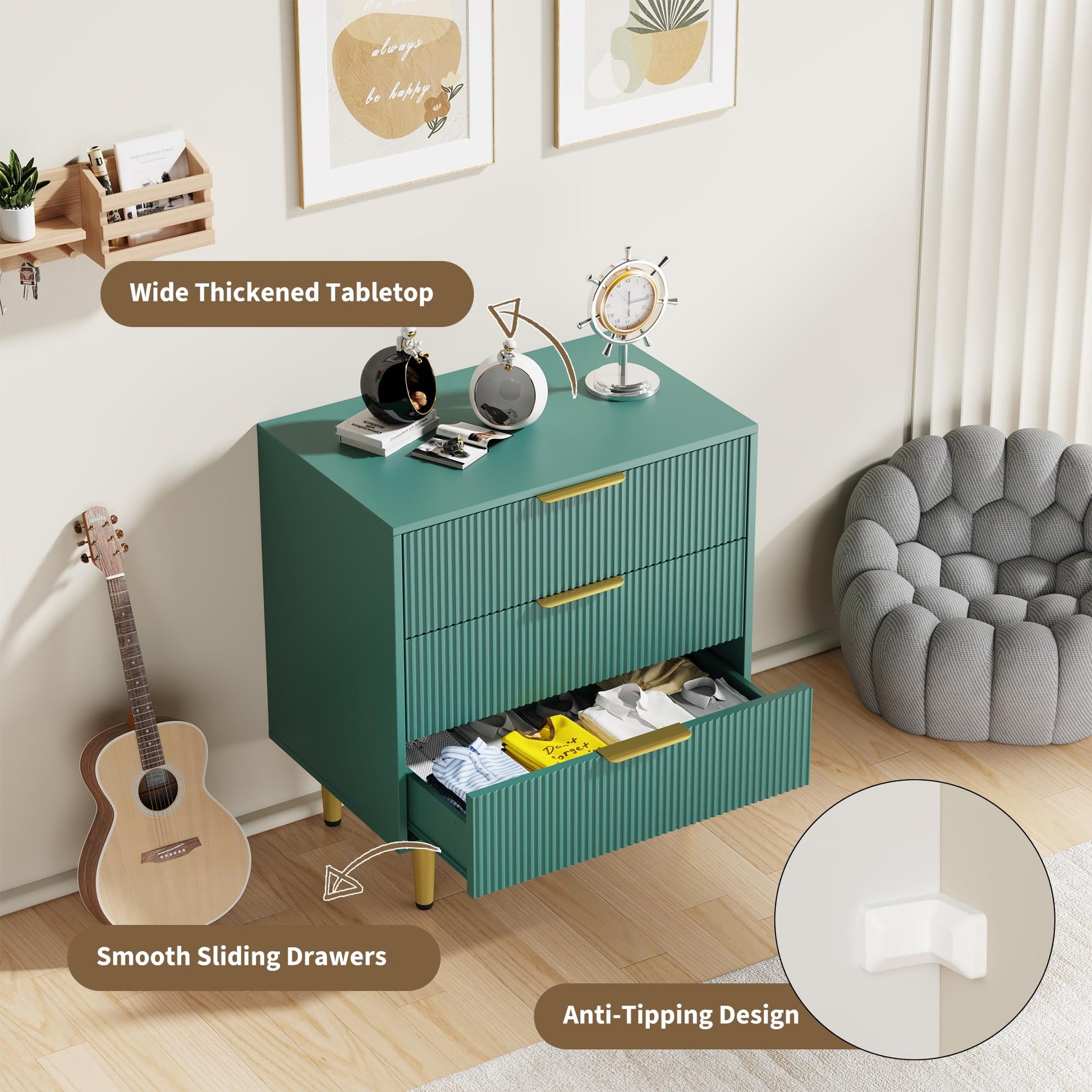 Cassettiera scanalata Garvee con 3 cassetti, MDF, maniglie e piedini in metallo, verde, design moderno, protezione antiribaltamento per camera da letto e corridoio