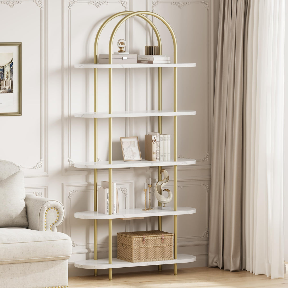 Scaffale ad arco Garvee da 71" con struttura in metallo a 5 ripiani, colore bianco marmo dorato, per soggiorno, ufficio, camera da letto, robusto e sicuro.