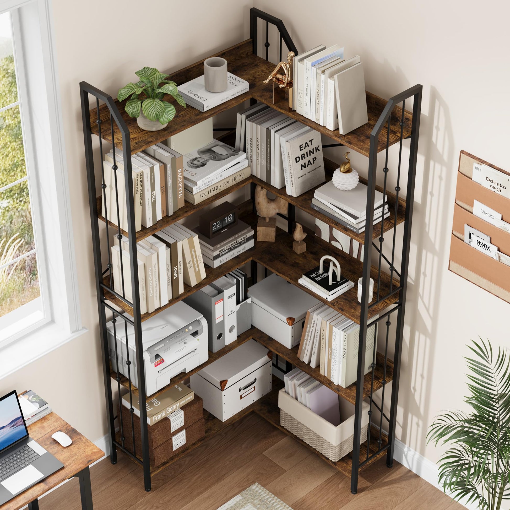 Scaffale angolare Garvee da 72" Libreria industriale a forma di L a 5 ripiani in MDF, metallo, soggiorno, camera da letto, nero