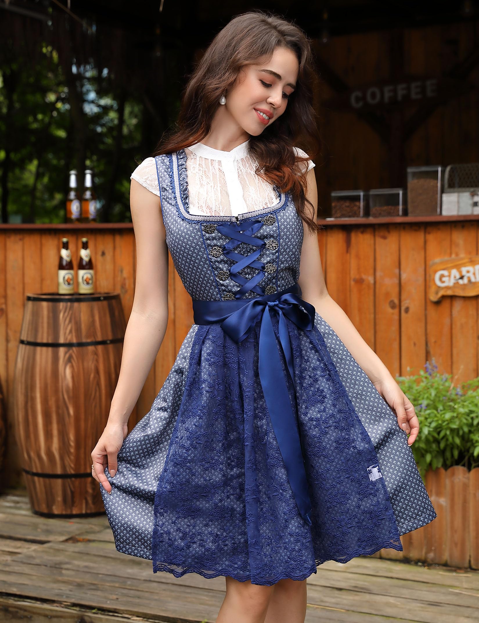 Garvee Dirndl da donna elegante, corto, set da 3 pezzi, blu Oktoberfest, taglia 40