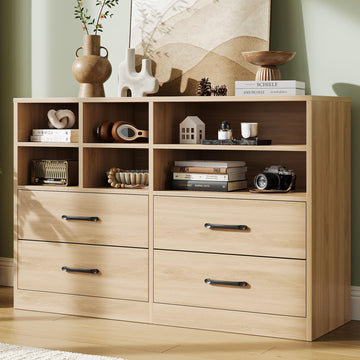 Cassettiera Garvee a 4 cassetti con 6 scomparti aperti, ripiani regolabili, legno MDF, mobile TV moderno per camera da letto e soggiorno, rovere, 47,24"L x 31,69"A