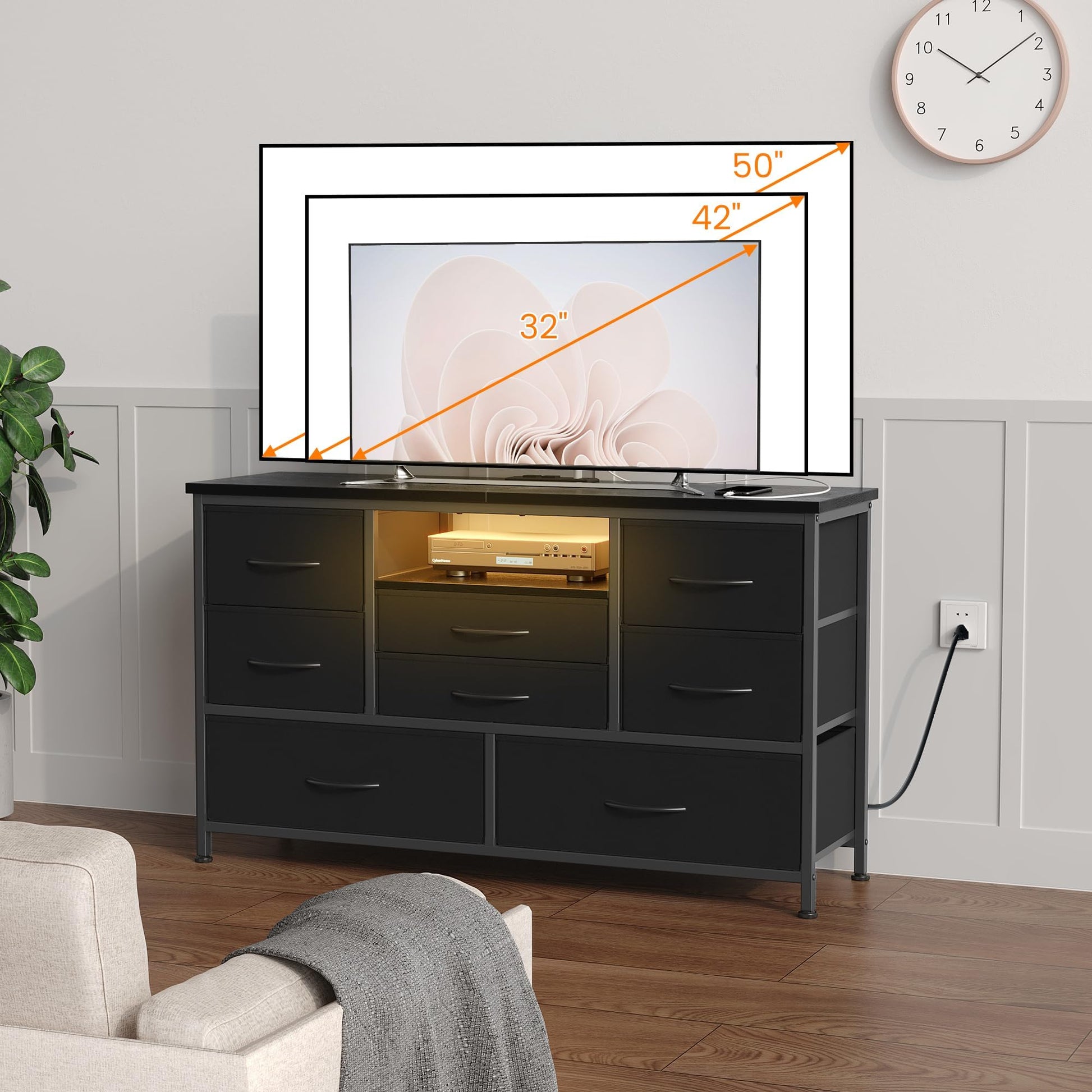 Cassettiera Garvee con 8 cassetti, 3 prese di corrente e 2 porte USB, mobile TV con luce LED per camera da letto, soggiorno, corridoio, 120 cm, nero