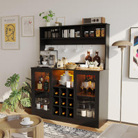 Mobile bar per vino Garvee con luce LED e presa, 9 portabottiglie e 6 ganci, in truciolato, per cucina e soggiorno, ripiano regolabile, design moderno