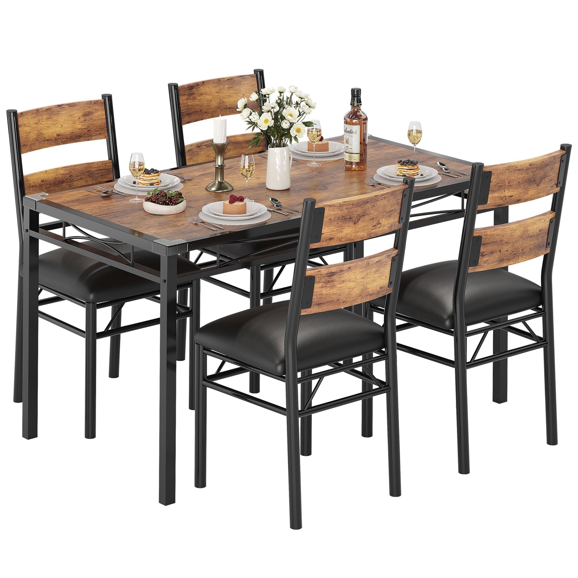 Set da pranzo Garvee per 4 persone con protezioni angolari, sedie in PU, struttura in acciaio, piano in legno, marrone retrò, salvaspazio, per cucina e appartamento