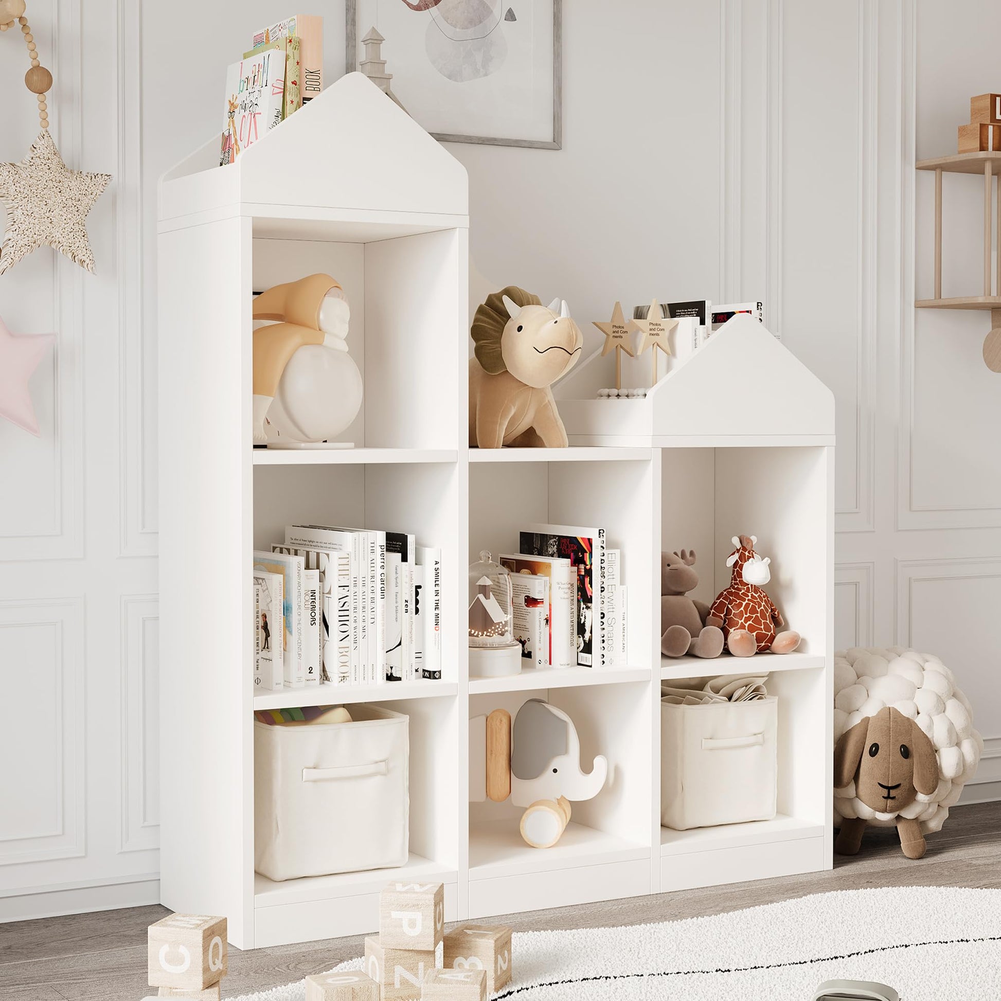 Scaffale portaoggetti Garvee, 7 scomparti, a forma di tetto, robusto, in legno, bianco, per sala giochi/cameretta dei bambini, 42x36x12 pollici