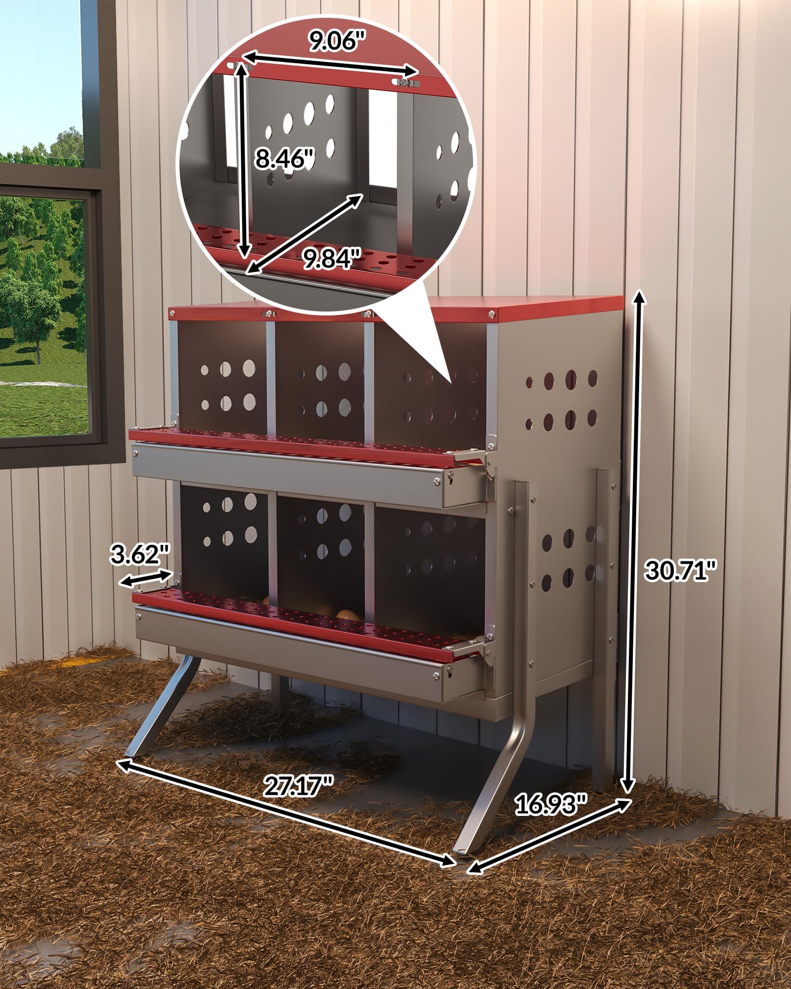 Nidi per galline Garvee, 6 scomparti, in metallo, impermeabili, antiruggine, con ventilazione, trespolo e vassoio portauova mobile per piccoli giardini