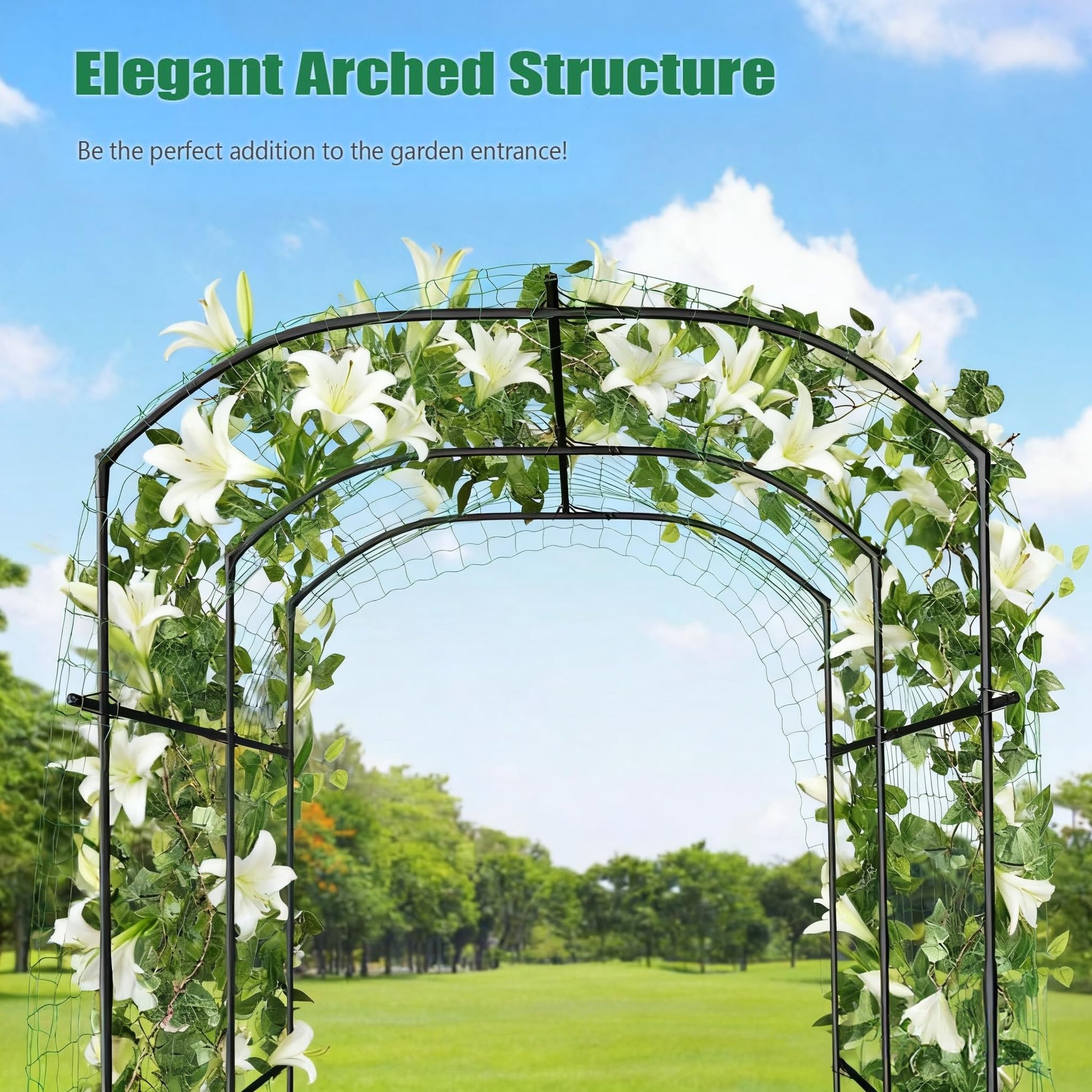 Garvee, grande arco da giardino, traliccio a tunnel da 7 piedi con rete in nylon e clip, in metallo, antiruggine, stabile, per ortaggi e fiori, 220x180x190 cm, nero