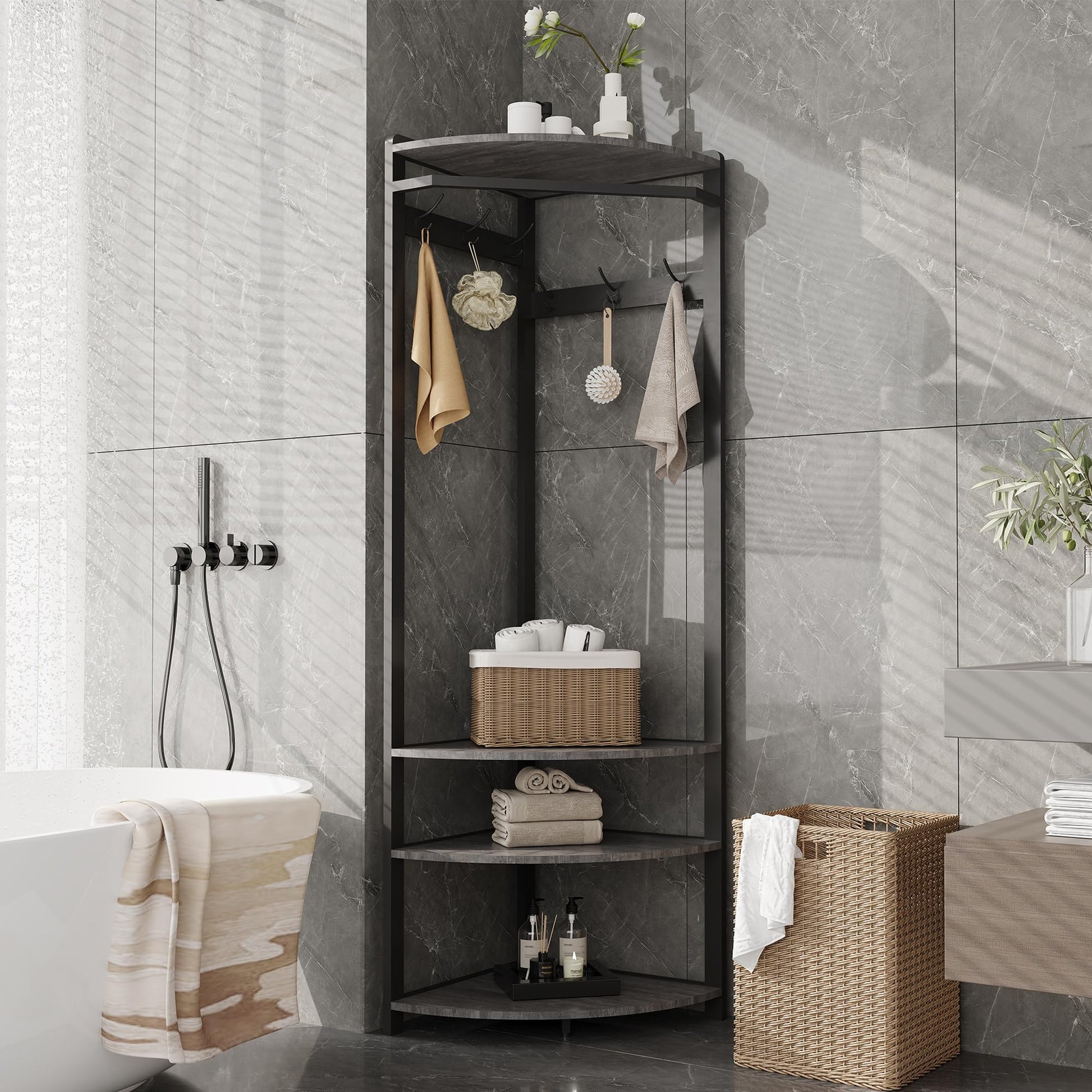 Armadio angolare Garvee con panca portascarpe, 6 ganci doppi, legno robusto, antiribaltamento, per corridoio e ingresso, 70,8 pollici, legno naturale