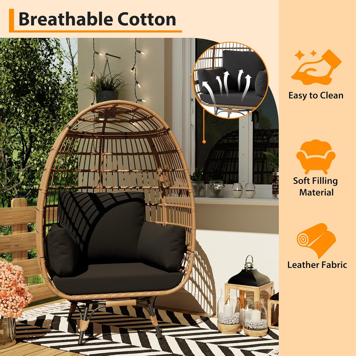 Garvee Sedia a Uovo Girevole 360° in Rattan PE Oversize con Cuscino Imbottito per Giardino e Balcone, 96x75.4x145.3 cm, Resistente all'Acqua e UV