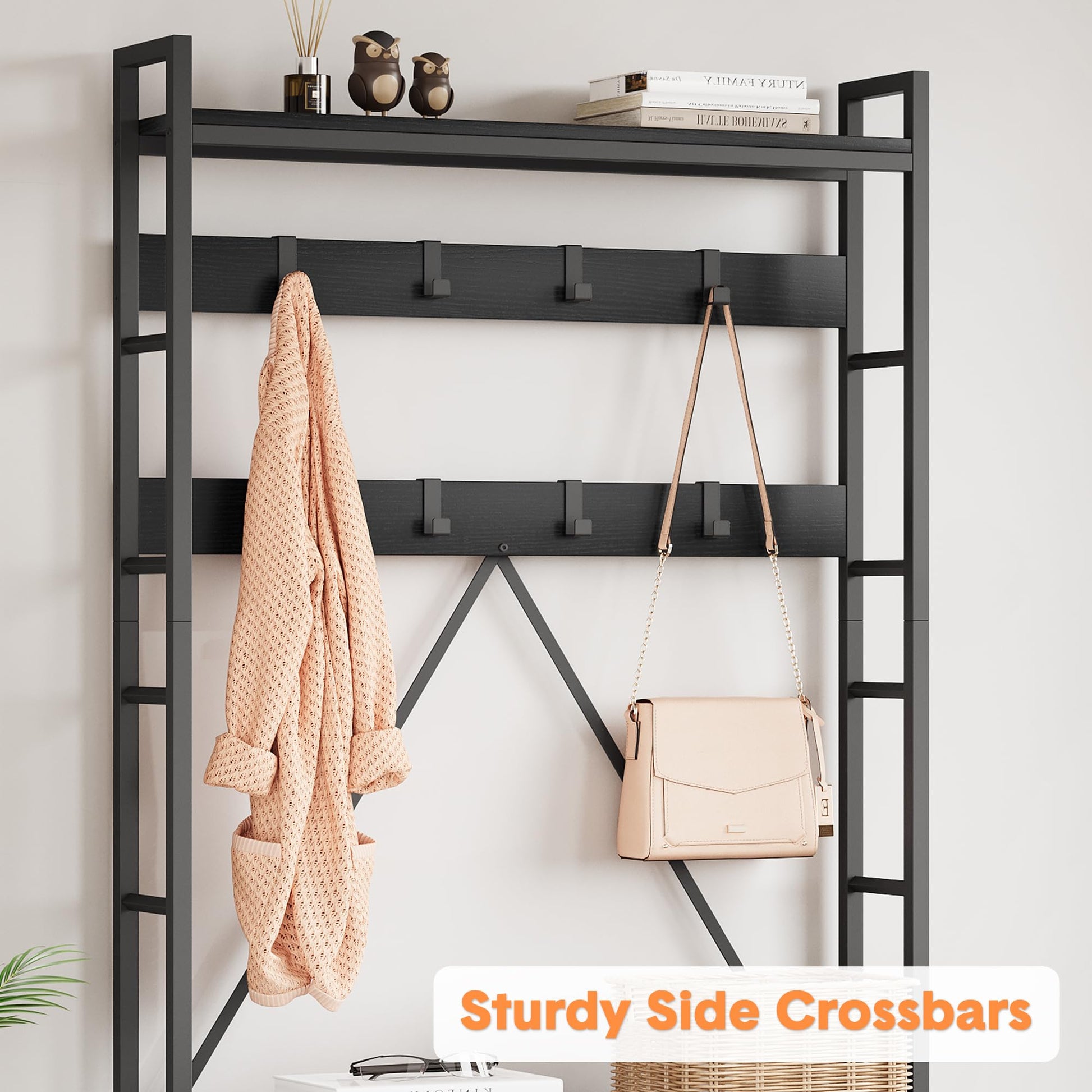 Appendiabiti Garvee con panca e guardaroba, organizer 5 in 1 per corridoio e ingresso, colori legno naturale