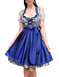 Garvee - Completo corto da donna Dirndl, 3 pezzi, abito tradizionale midi, blu floreale, per Oktoberfest, feste, matrimoni, taglia 34