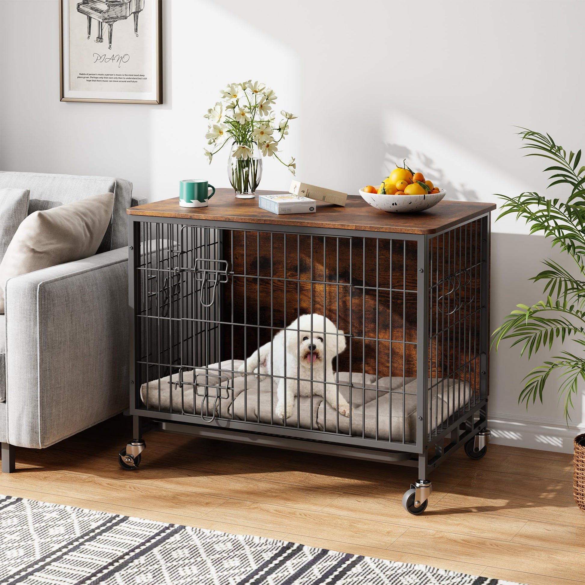 Garvee Dog Crate Furniture 32,5" Modern Double Door Estraibile Vassoio Ruote in Legno Soggiorno per Cani di Taglia Media