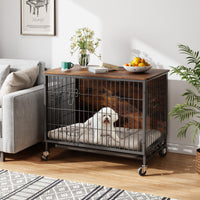 Garvee Dog Crate Furniture 32,5" Modern Double Door Estraibile Vassoio Ruote in Legno Soggiorno per Cani di Taglia Media