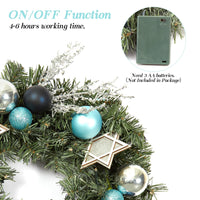 Ghirlanda natalizia Garvee da 18 pollici con 15 luci LED, PVC verde da 45 cm, stella bianca a sei punte, palline di Natale blu, anello di metallo per porta, parete, camino