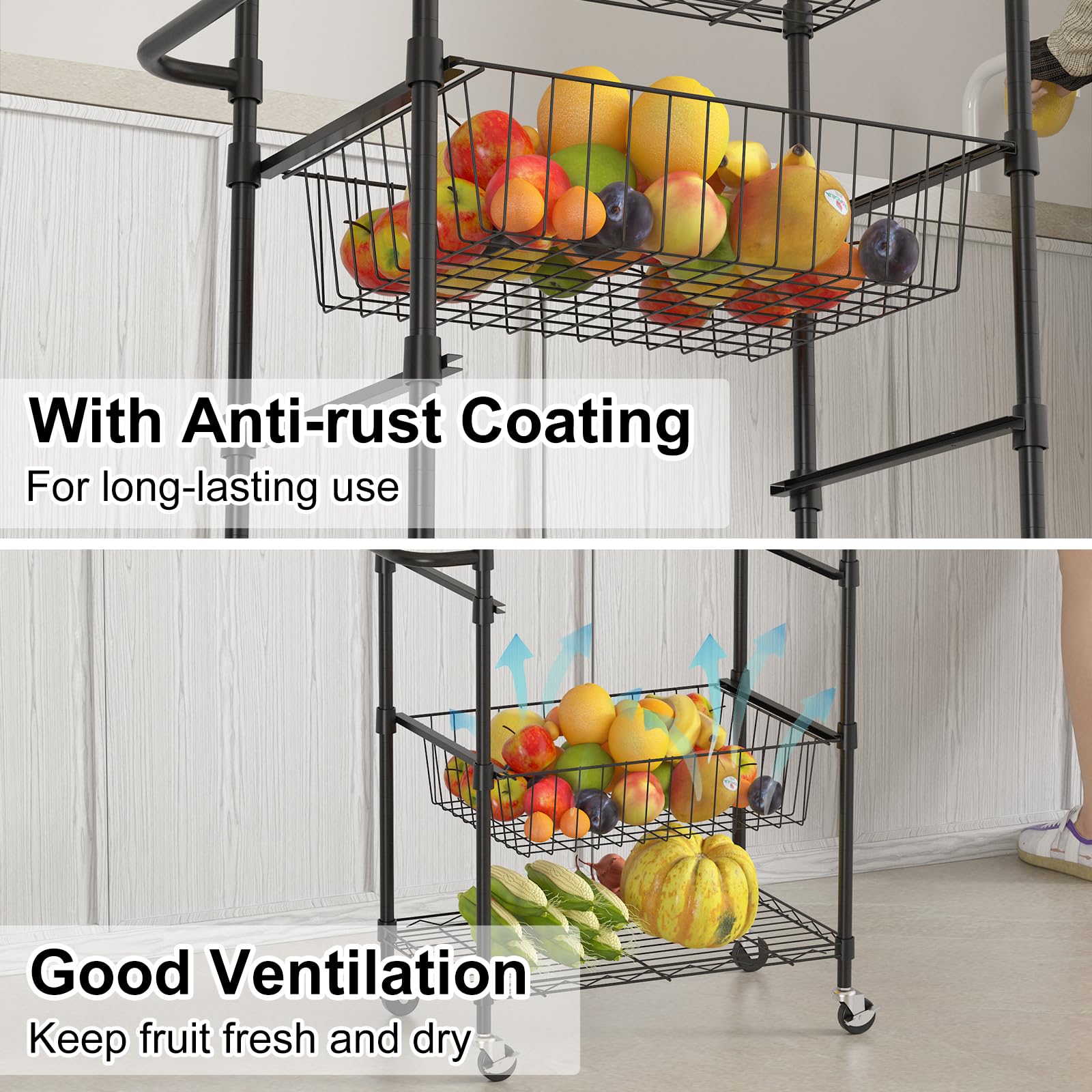 Carrello da cucina in metallo Garvee a 4 ripiani con maniglia, capacità di carico 110 libbre, ripiani in filo metallico aperto, 2 ruote bloccabili, utilizzo versatile, metallo, argento