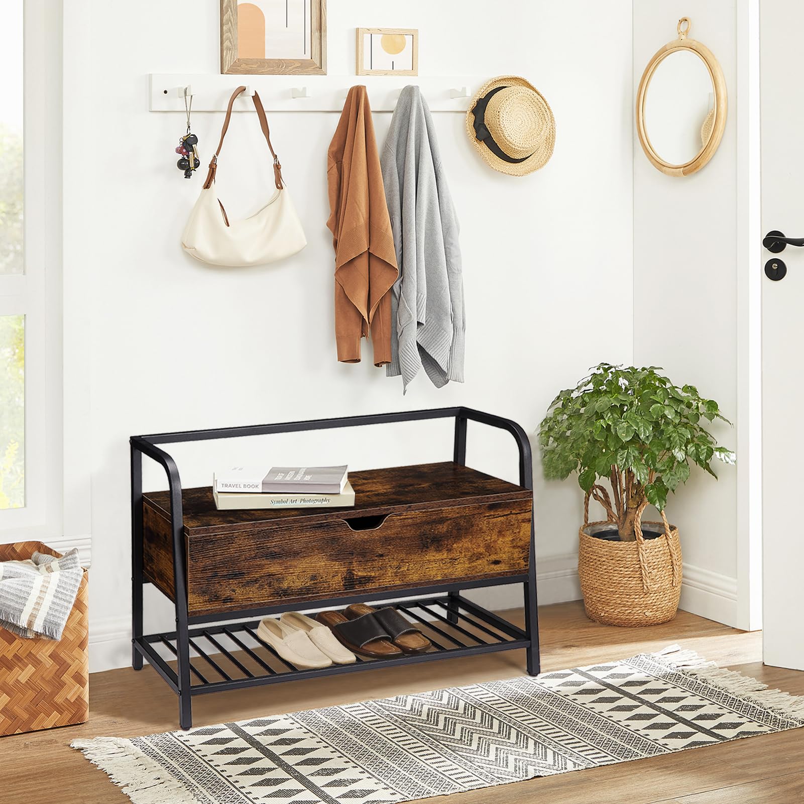 Panca portascarpe da ingresso Garvee con struttura in metallo e melamina, contenitore con piano sollevabile, robusta, versatile, compatta per corridoio e camera da letto, nera