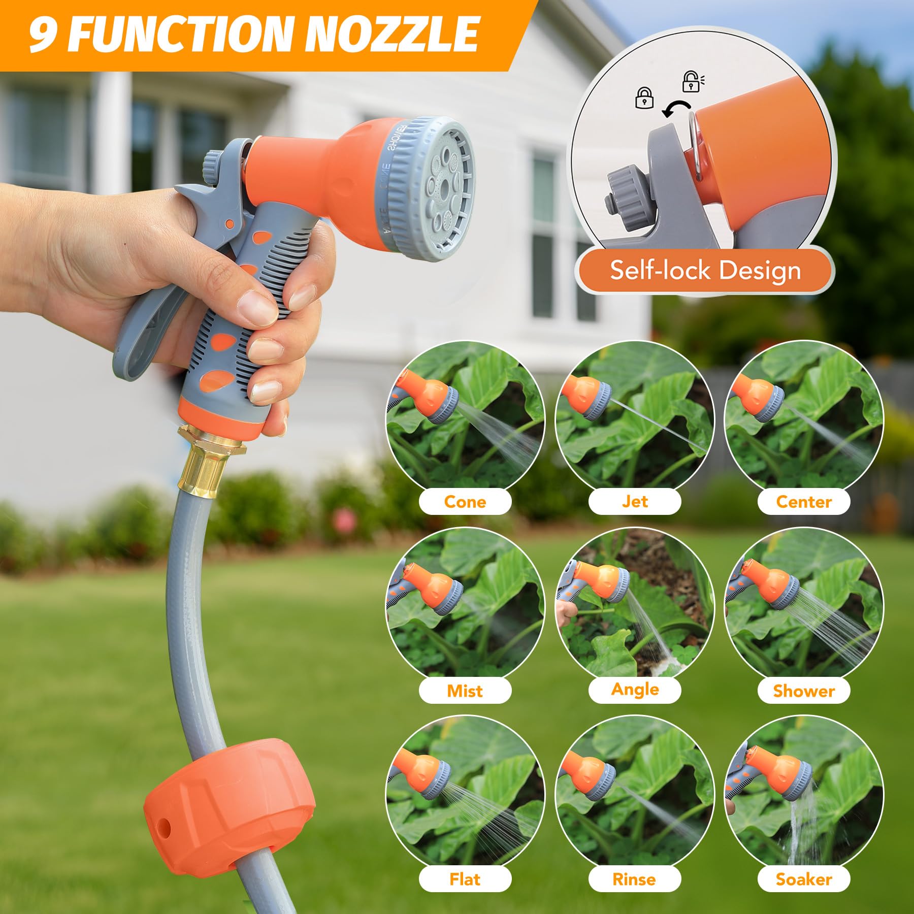 Avvolgitubo retrattile Garvee da giardino da 5/8" x 65 piedi con spruzzatore a 9 funzioni, lunghezza bloccabile, PVC e ottone, ritorno lento automatico, rotazione di 180°, montaggio a parete per giardino