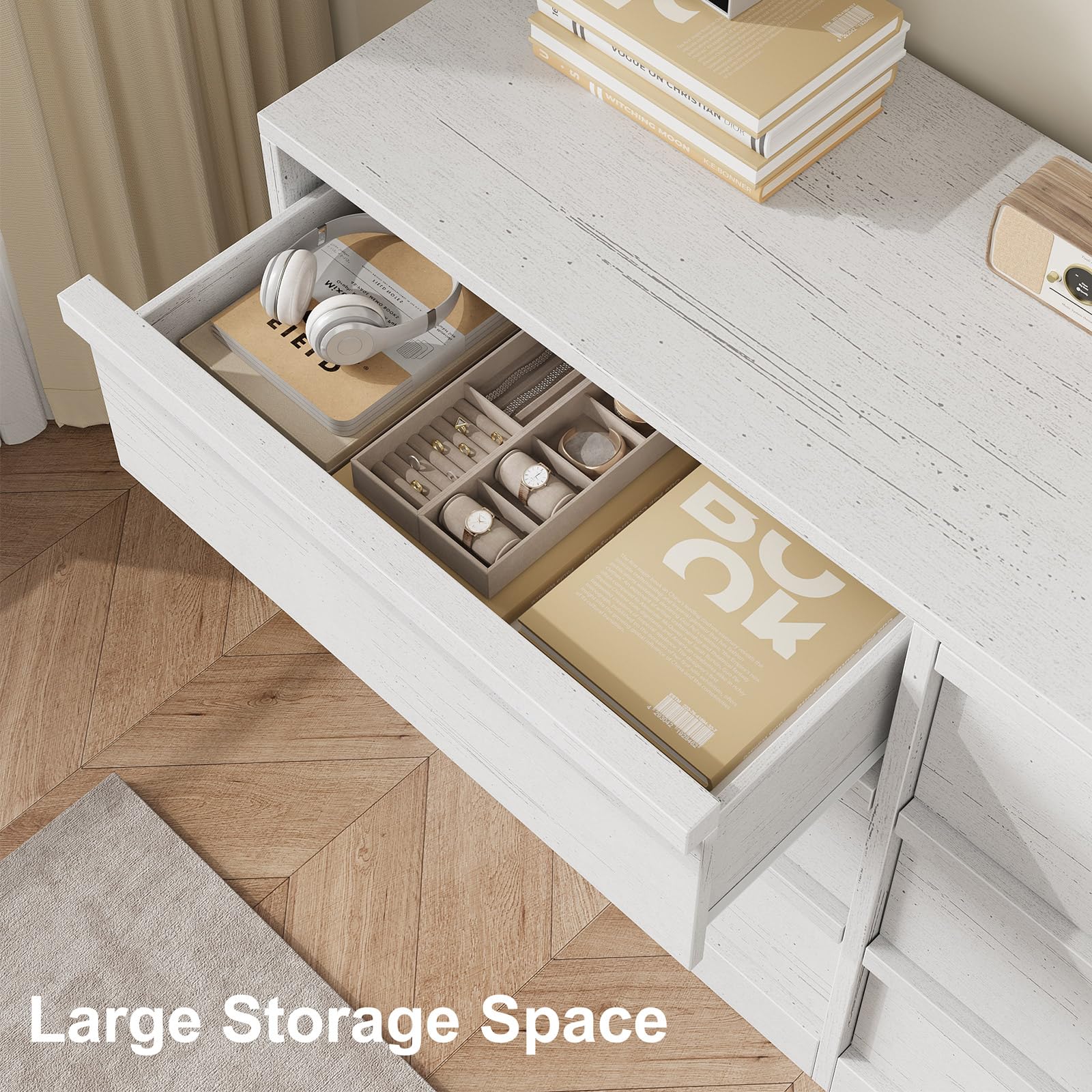 Cassettiera Garvee a 6 cassetti, bianco antico, per camera da letto, soggiorno e corridoio, spaziosa, robusta, multifunzionale, in legno