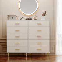 Cassettiera Garvee bianca a 5 cassetti con maniglie e gambe in metallo dorato per camera da letto e corridoio, stretta, in legno, design moderno
