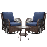 Set Sedie Girevoli in Vimini con Tavolo Garvee, Rotazione 360°, Cuscini Spessi 10 cm, Acciaio, Vetro Temperato, Patio e Balcone, Beige - Blu