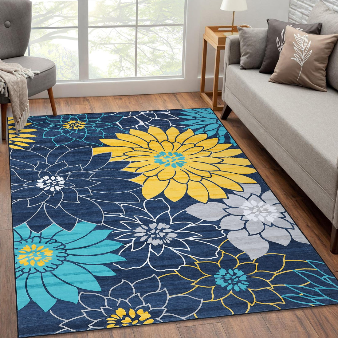 Tappeto Garvee lavabile in lavatrice con motivo floreale per soggiorno, tappeto antiscivolo per camera da letto, cucina, cameretta dei bambini, blu, 160x230 cm