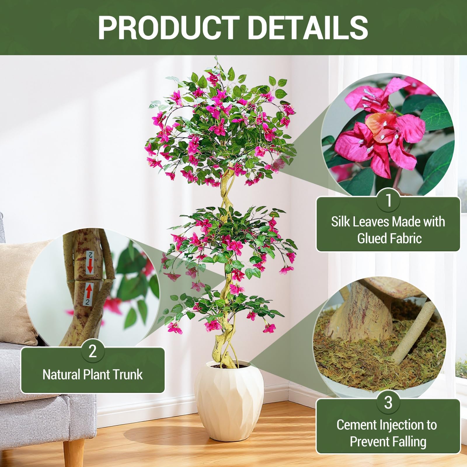 Albero di bouganville artificiale Garvee da 6 piedi, rosa, realistico e facile da pulire, in seta, per uso interno ed esterno, leggero e versatile