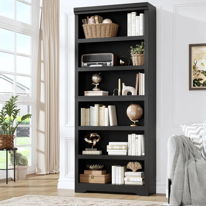 Garvee Libreria 6 Ripiani Alta 191 cm, Scaffale Regolabile, MDF Nero, Stile Rustico per Soggiorno e Studio