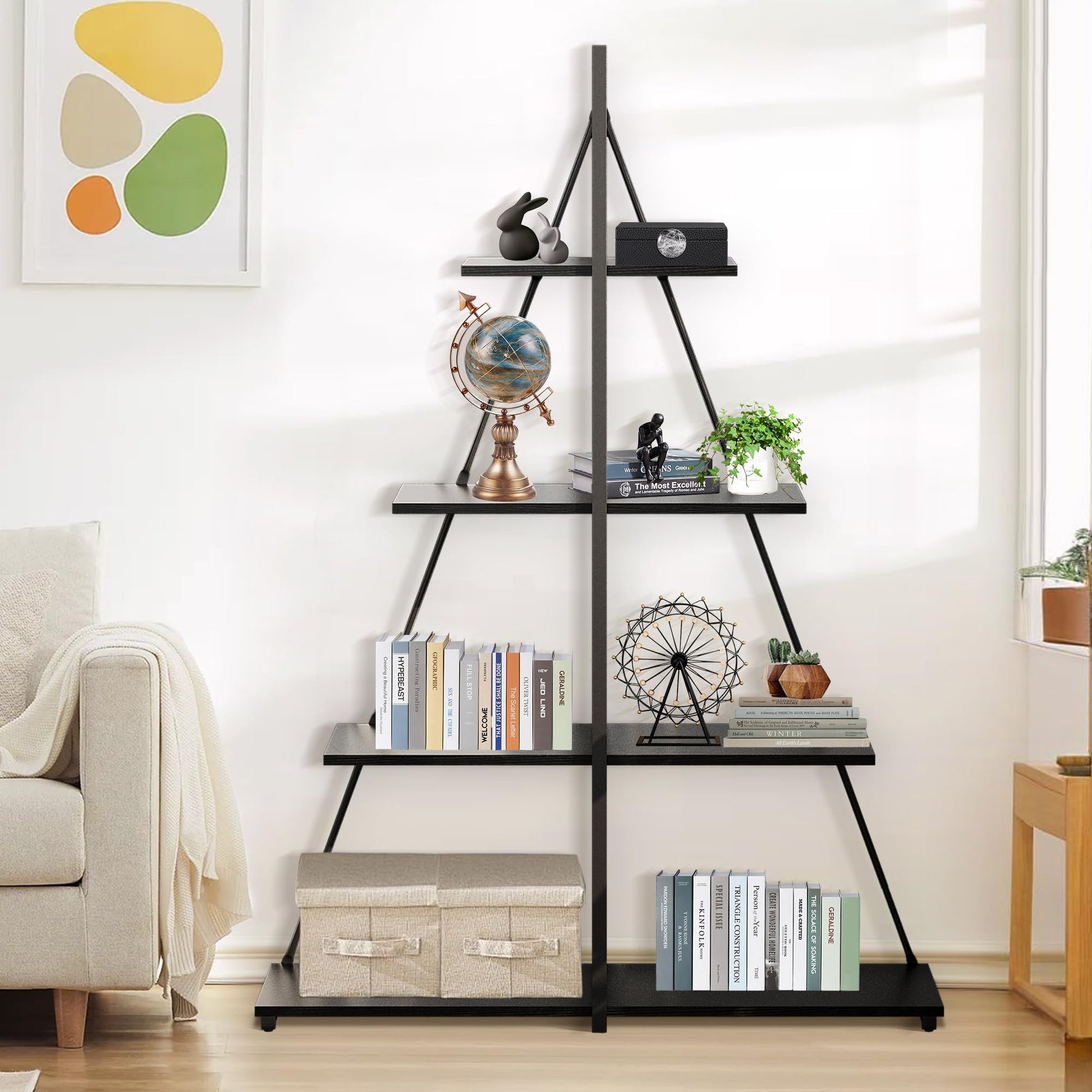 Libreria Garvee a 4 ripiani, design a scala, legno robusto, a forma di A, soggiorno, ufficio, camera da letto, nera, versatile