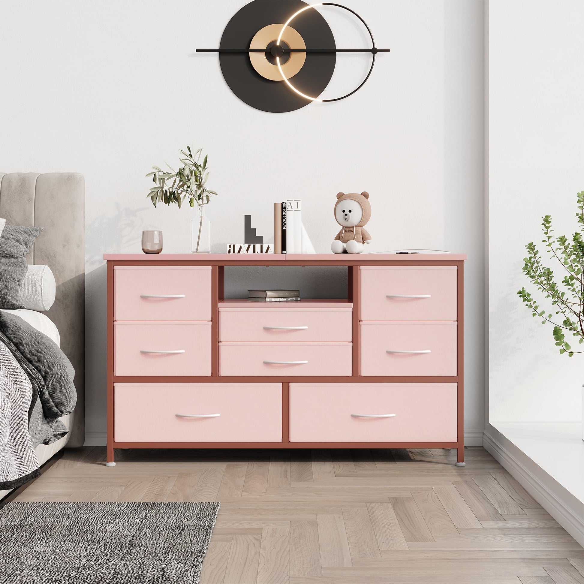 Mobile TV Garvee a 8 cassetti con illuminazione a LED e presa di corrente per soggiorno e camera da letto, legno MDF, luce RGB, ampio spazio di archiviazione, bianco