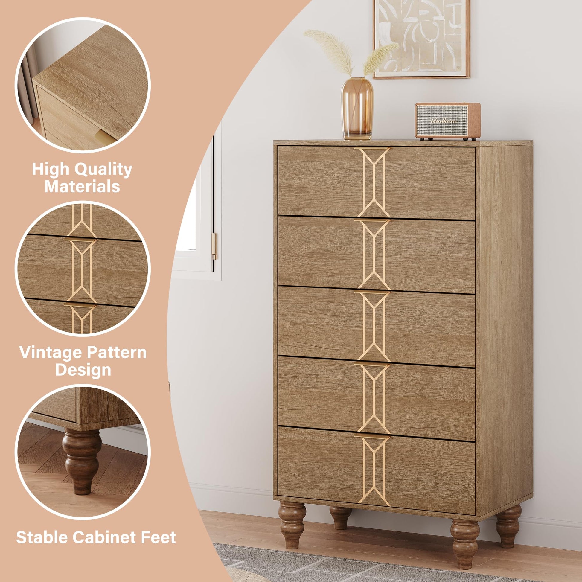 Cassettiera Garvee a 5 cassetti con motivo vintage, in legno MDF, maniglie dorate per camera da letto e soggiorno, grande, resistente