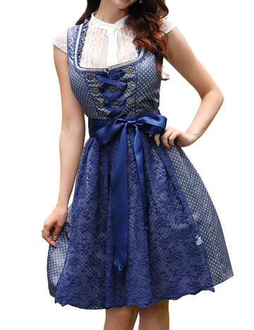 Garvee Dirndl da donna elegante, corto, set da 3 pezzi, blu Oktoberfest, taglia 40