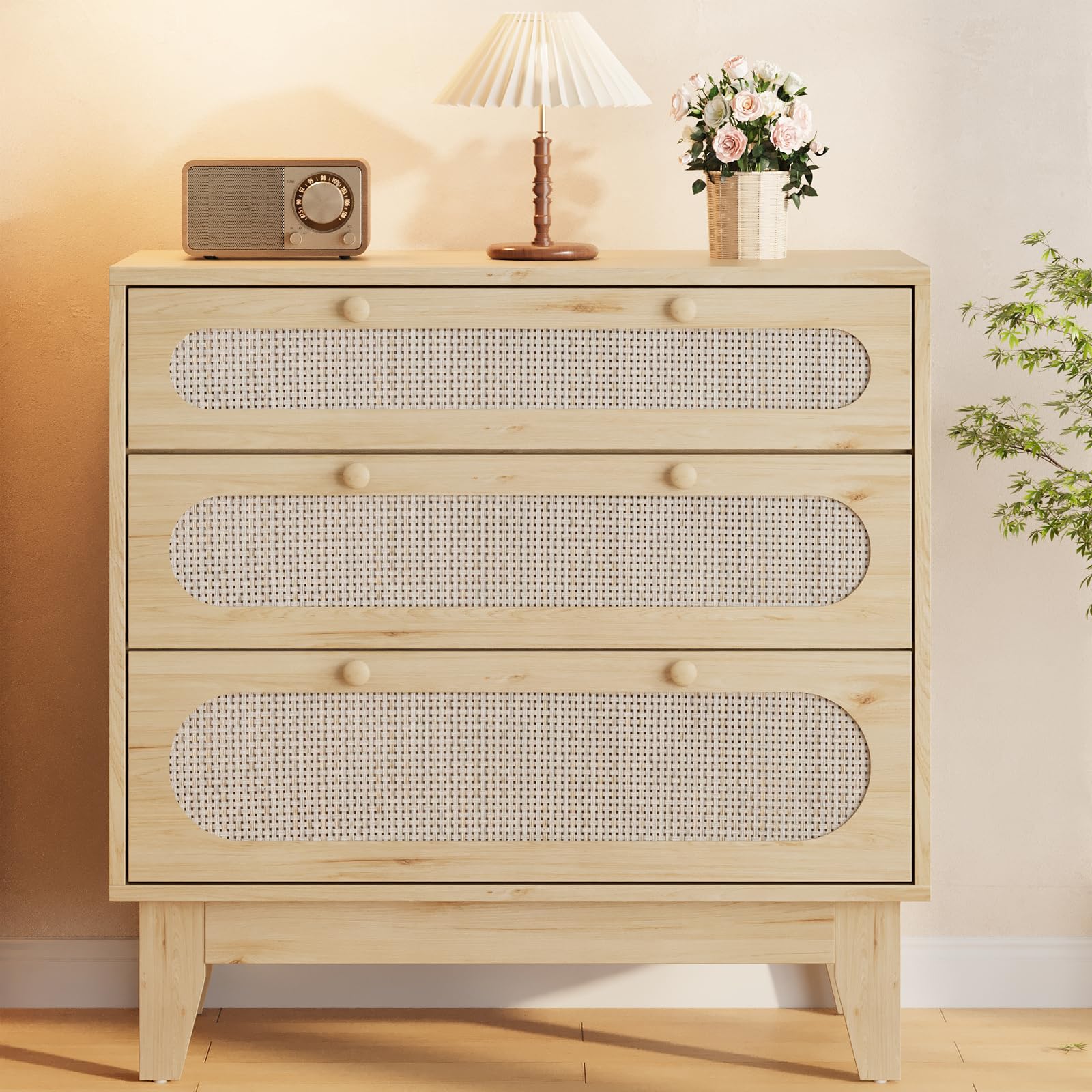 Cassettiera Garvee a 3 cassetti, in legno e rattan, design moderno, soggiorno e camera da letto, rovere chiaro, robusta e versatile