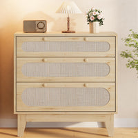 Cassettiera Garvee a 3 cassetti, in legno e rattan, design moderno, soggiorno e camera da letto, rovere chiaro, robusta e versatile