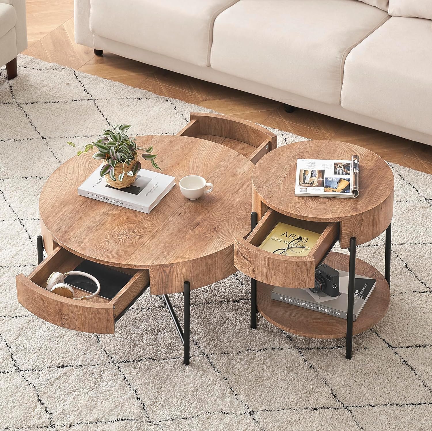 Tavolino da caffè rotondo in legno Garvee con 2 cassetti, gambe in metallo, stile rustico per soggiorno, stile fattoria, dimensioni medie, marrone