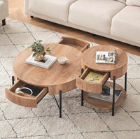 Tavolino da caffè rotondo in legno Garvee con 2 cassetti, gambe in metallo, stile rustico per soggiorno, stile fattoria, dimensioni medie, marrone