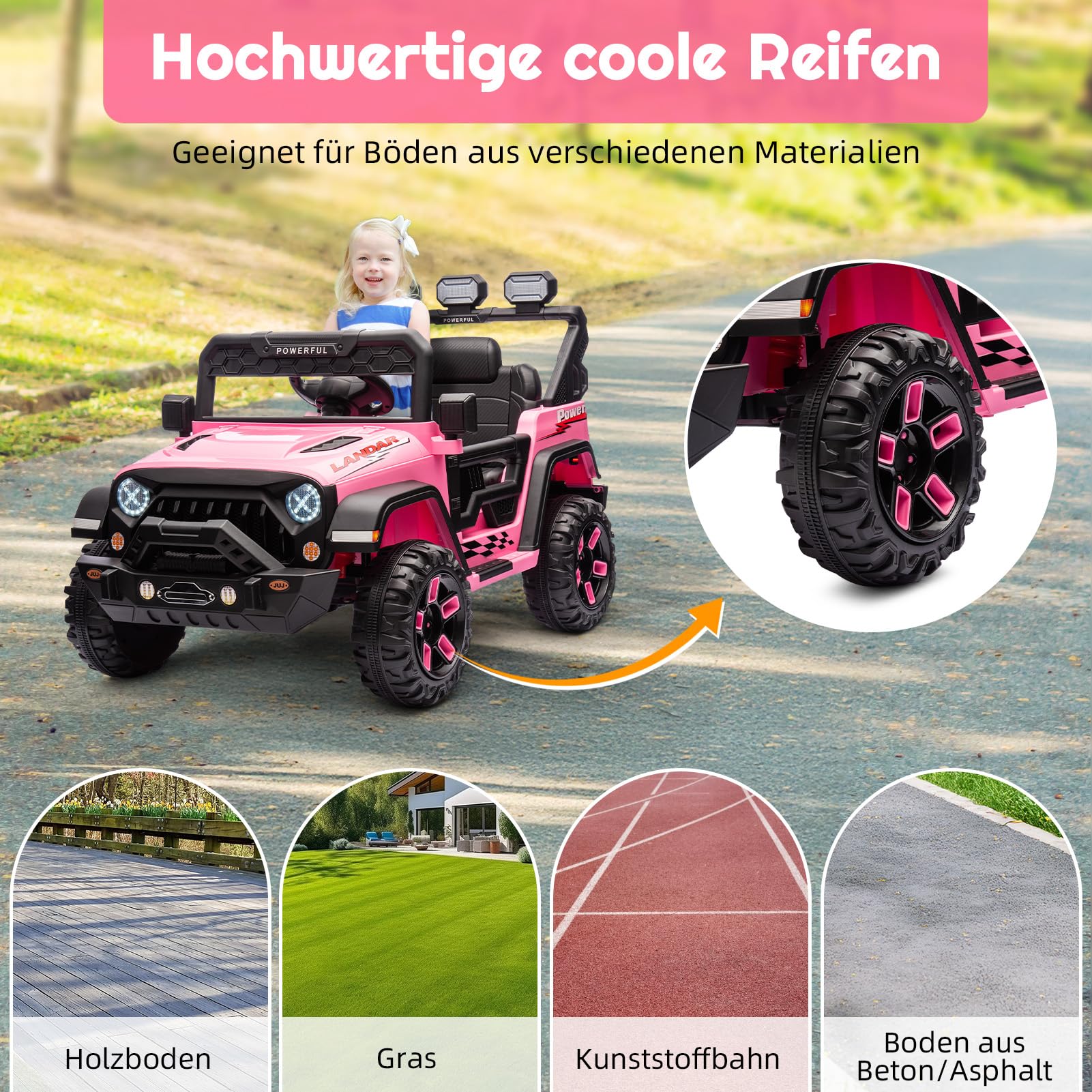 Auto elettrica per bambini Garvee con batteria potenziata da 12 V 7 Ah, 3 velocità, 2 modalità di funzionamento, telecomando 2.4G, luci LED, Bluetooth, cinture di sicurezza, rosa per bambini da 1 a 8 anni