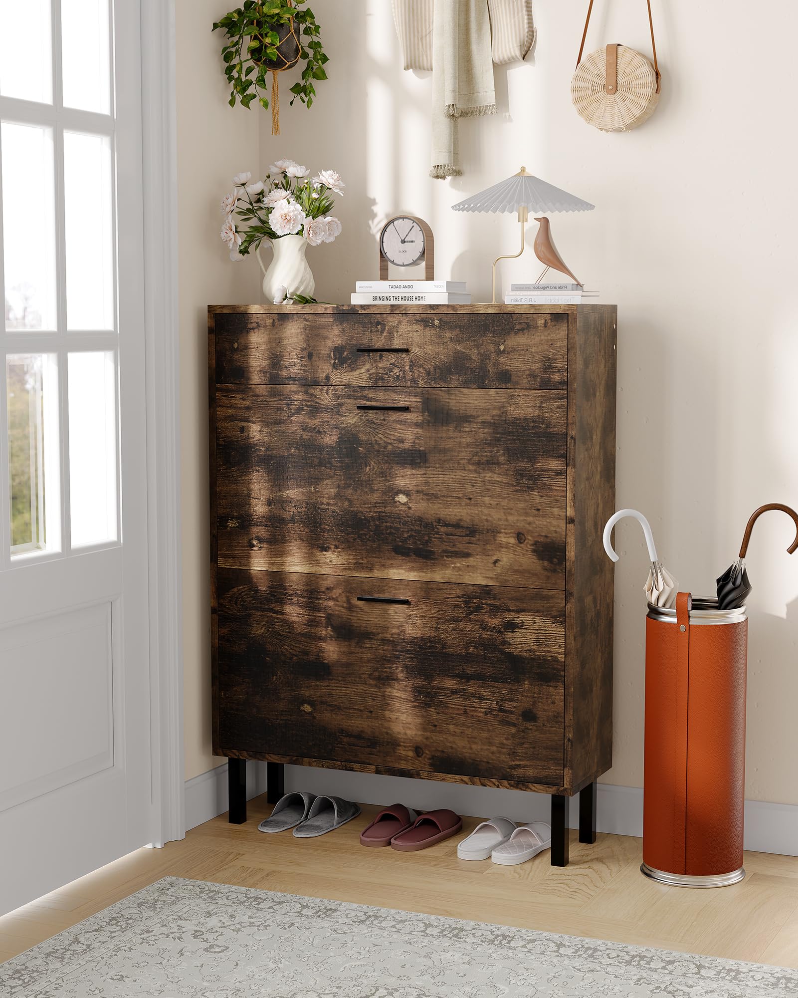Scarpiera stretta in legno Garvee con 3 cassetti, antiribaltamento, per corridoio e ingresso, multicolore