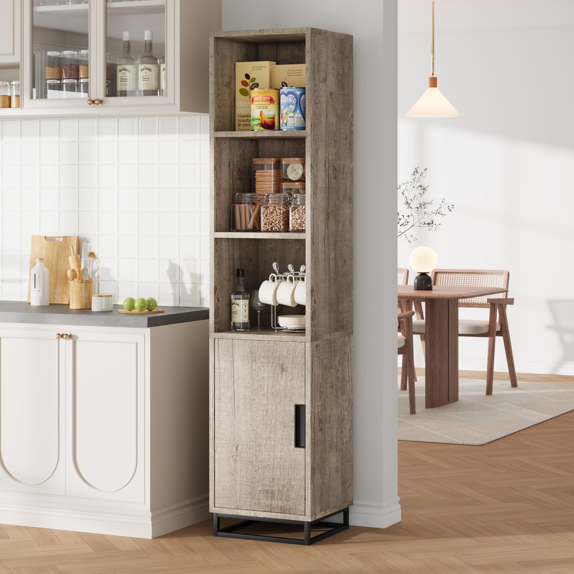 Mobiletto da bagno alto Garvee da 70" stretto con anta, ripiano regolabile, in legno, stile country moderno, nero, per cucina e soggiorno