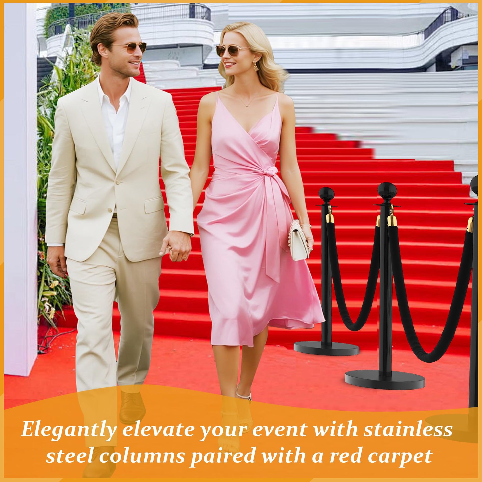 Set di pali per il controllo della folla Garvee da 8 pezzi con tappeto rosso da 26 piedi, 6 corde di velluto da 5 piedi, acciaio inossidabile per eventi e hotel, robusta base in cemento, senza attrezzi