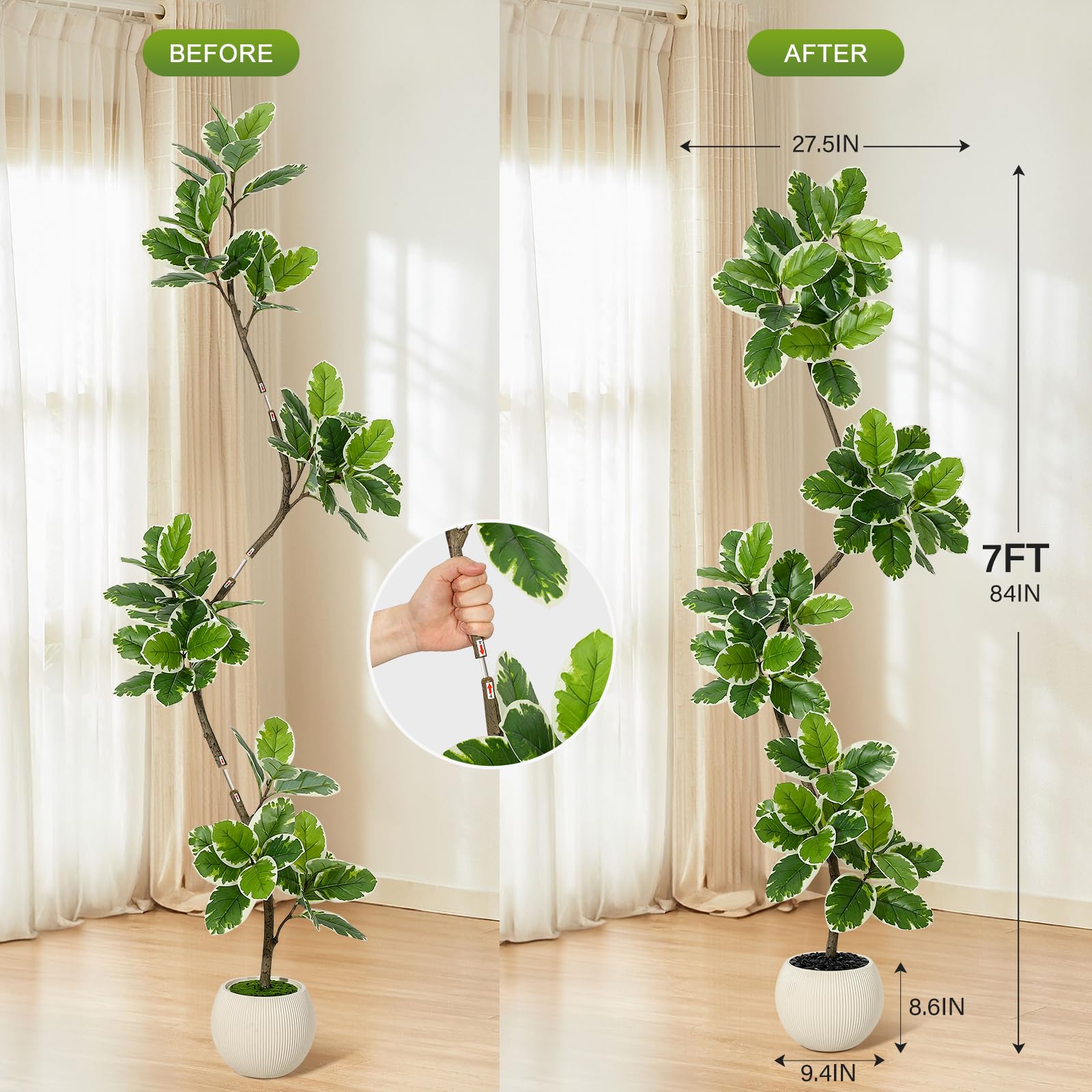 Albero artificiale Garvee Ficus Lyrata da 2,1 m con vaso in cemento e muschio per soggiorno e ufficio, facile da pulire, flessibile, foglie realistiche, verde