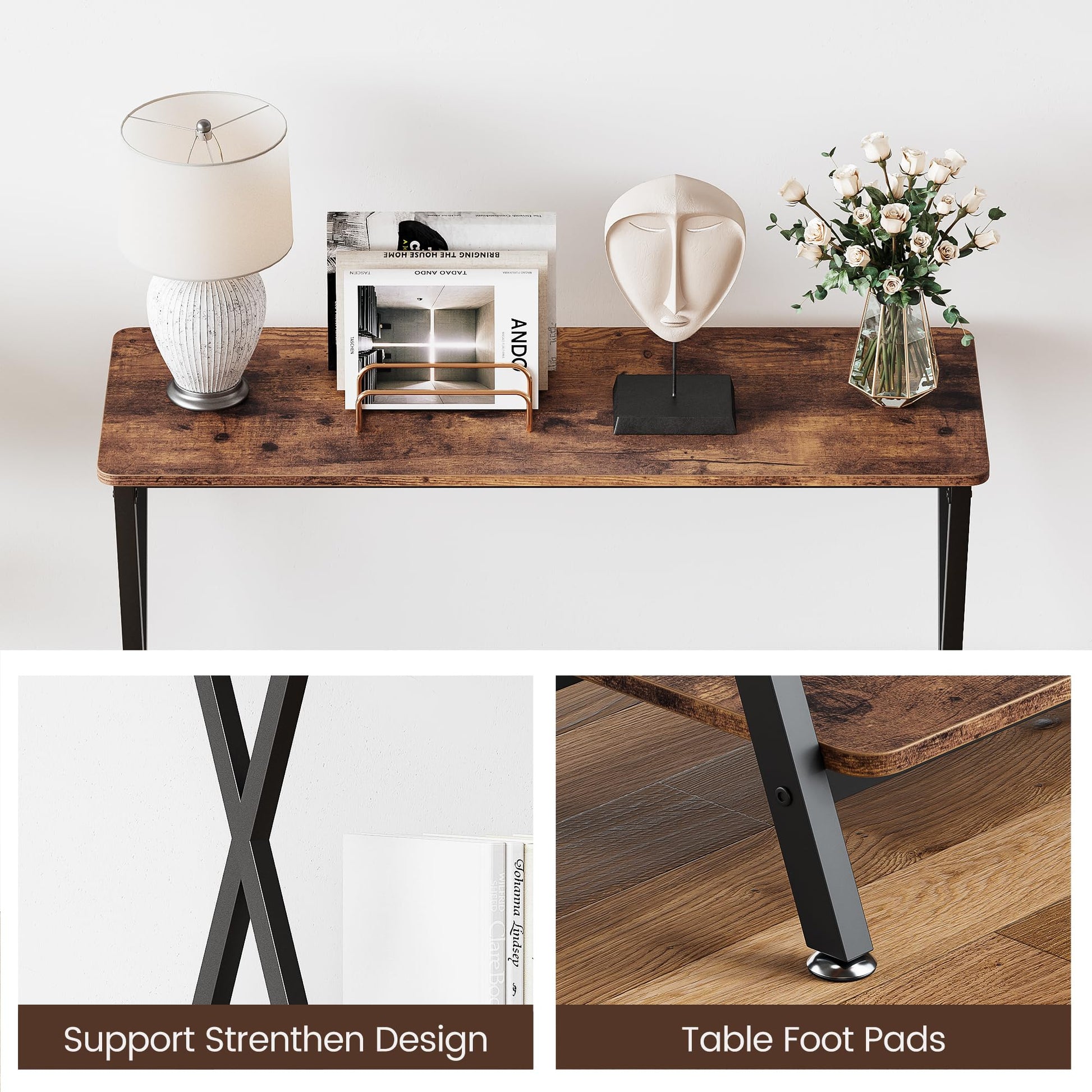 Tavolo consolle stretto Garvee in stile rustico, struttura a X in legno e metallo, soggiorno e corridoio, 31,4"L x 11,8"W x 31,8"H, nero
