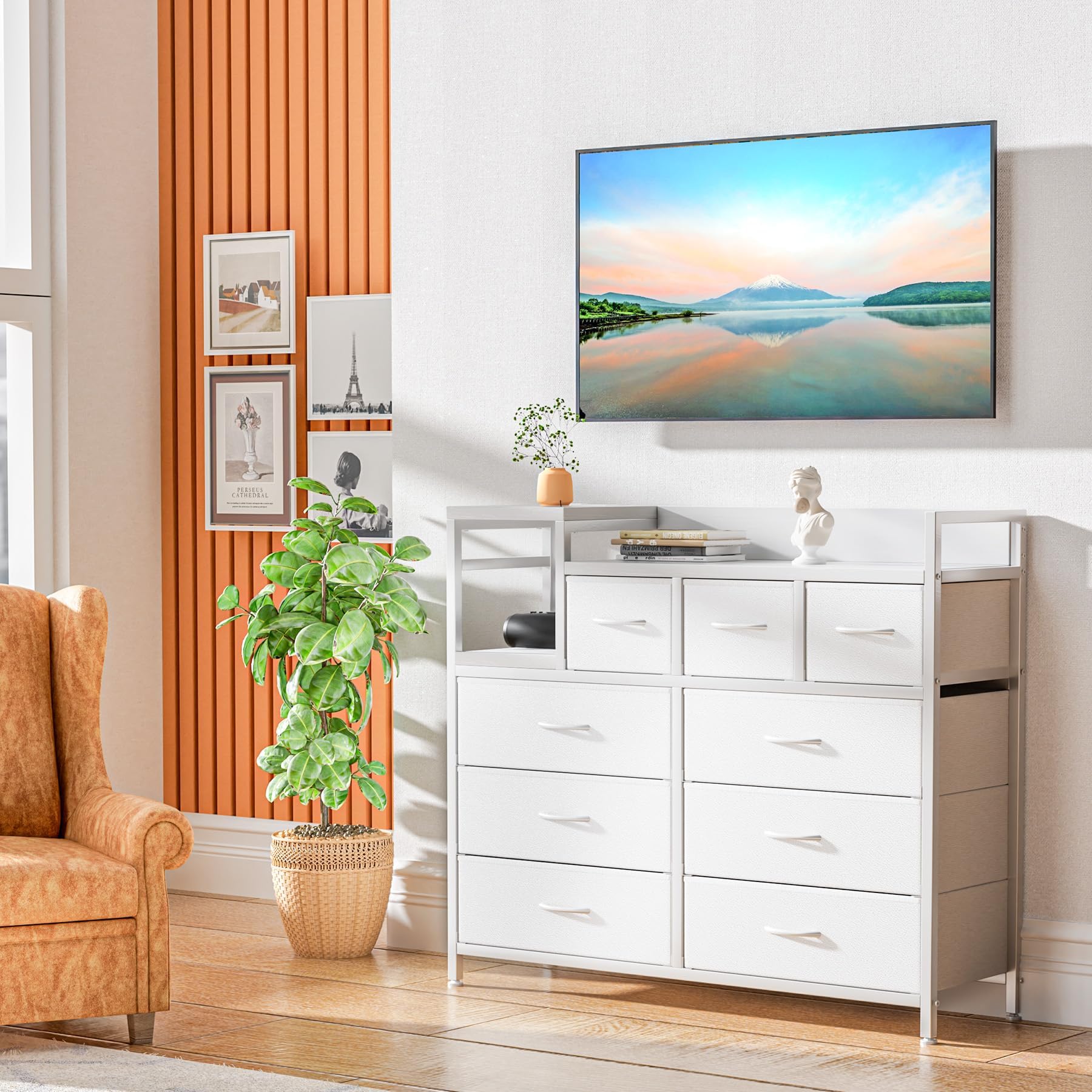 Cassettiera Garvee con 9 cassetti in tessuto, multifunzionale per camera da letto e soggiorno, 100x30x86 cm, bianco